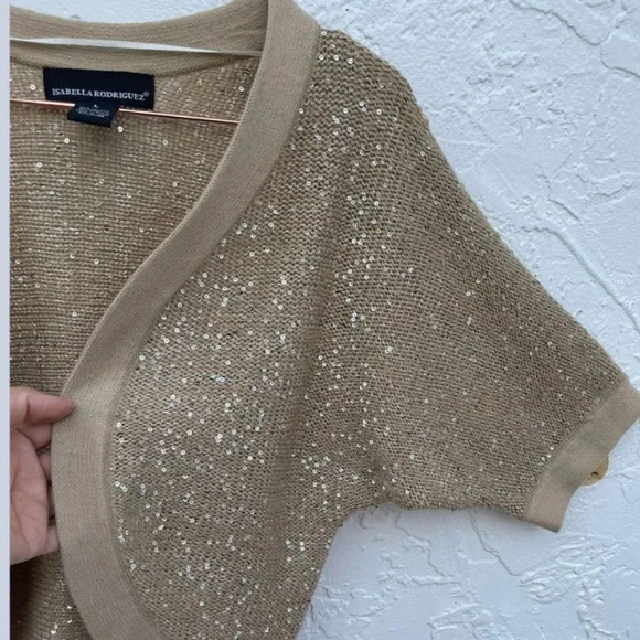 Isabella Rodriguez Short Sleeves Sequin Detailed Crochet Sweater Beige Sz Large - Picture 4 of 8